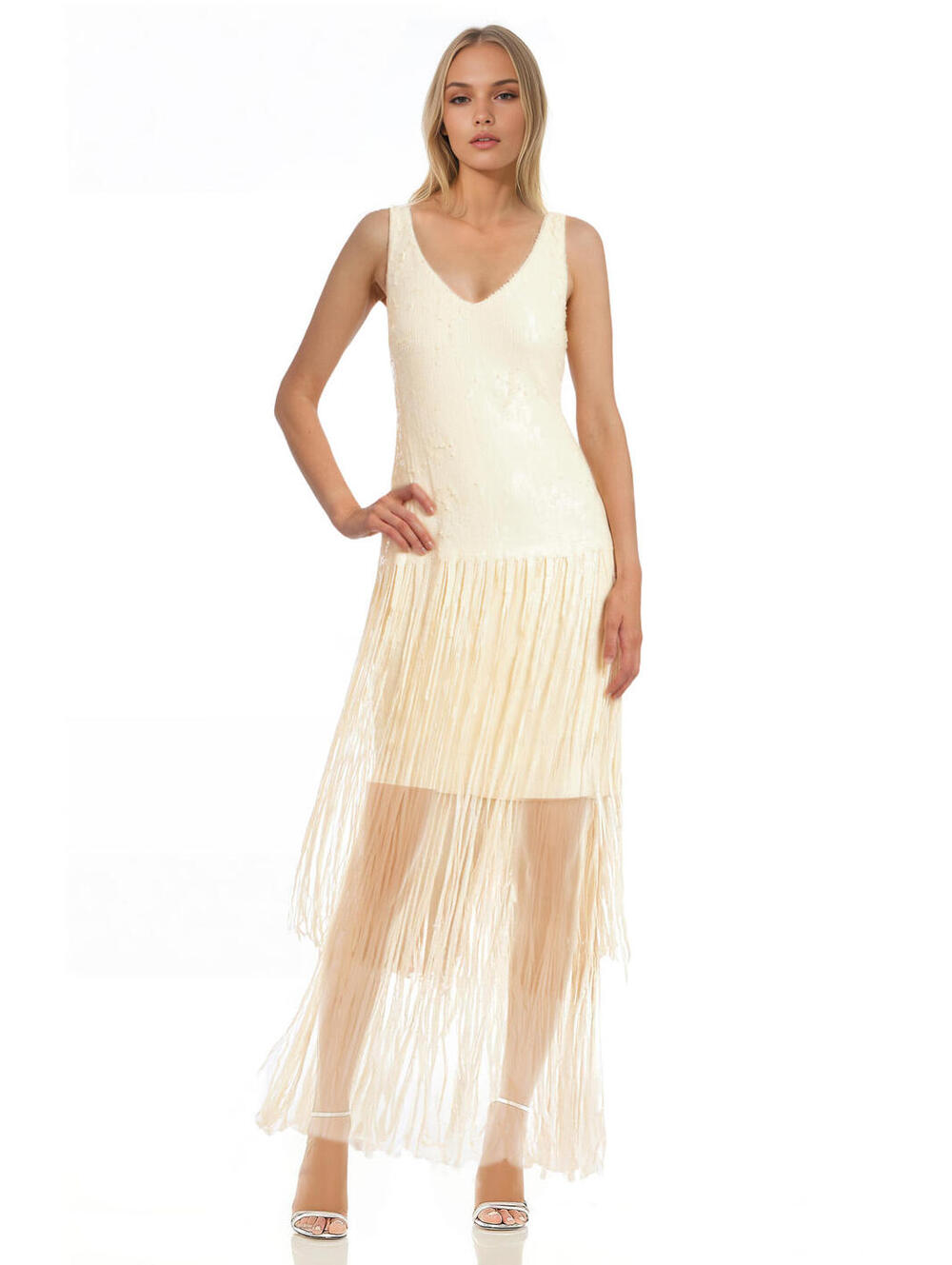 Badgley Mischka Emilia Tiered Sequin Fringe V-Neck Dress Butter Yellow * 4 Party - Picture 3 of 8